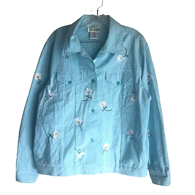 Vintage Quacker Factory Womens Shirt Jacket Sz M Blue Stretch Floral Embroidered • $17.63