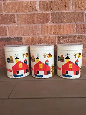 Vintage 1940s DECOWARE Tin Metal 3 Canister Set Kitchen Decor Barn Yard • $26