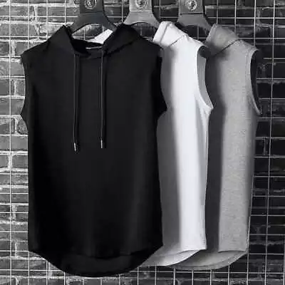 Men Gym Sleeveless Hoodie Vest T-Shirt Tank Top Fitness Sports Muscle Hooded UK • £6.26