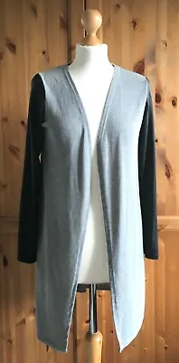 WalG Grey Long Cardigan Black Faux Leather Sleeves Lagenlook Made In Italy Small • £6.99