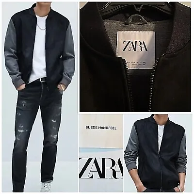 NWT Zara Faux Suede Combined Bomber Jacket XL Full Zip Front Black/ Heather Gray • $39.99