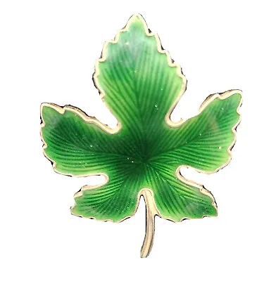 Vintage Green Enamel Maple Leaf Gold Tone Pin Brooch 2 X1.5  EUC • $11