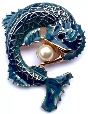 Vintage Jewelry Brooch Pin Blue Enamel Ocean Fish Pearl Bead Mouth Sea • $3