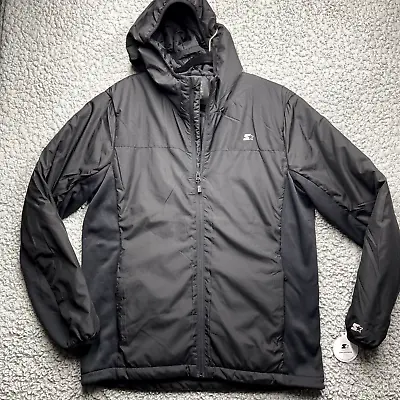 Starter Storm-Star Wind Breaker Jacket Mens Medium Black Hooded Soft Comfort • $25.88