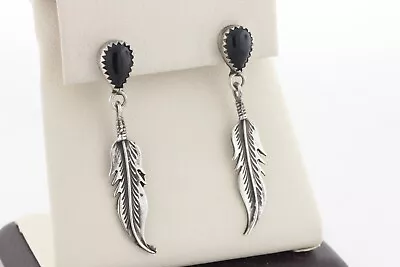 Vintage Sterling Silver 925 Navajo Onyx Teardrop Dangle Feather Earrings • $59.99