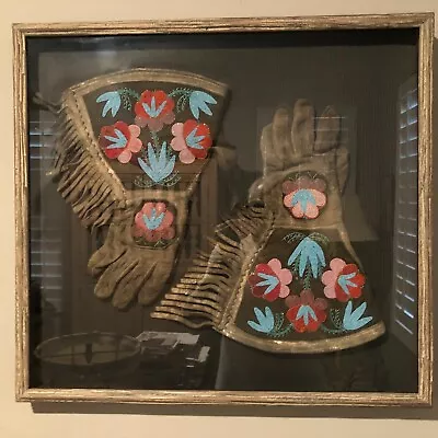 Antique Leather Fringed Gauntlet Gloves W Beading Red Green & Turquoise Framed • $485