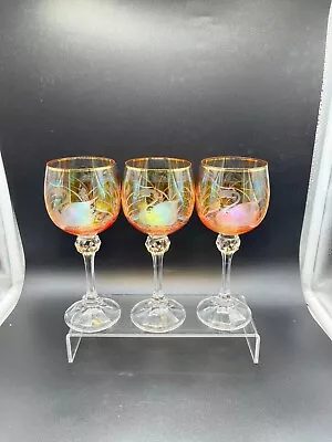 VTG 3 Czech Bohemian Orange W/Gold Rim & Swan Pattern Crystal Wine Glasses • $44