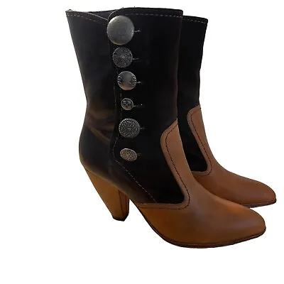 True Religion Leather Suede Western Steampunk Boots Metal Medallion 7 Brown • $35.92