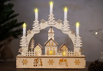 Christmas Candle Bridge Decoration Wooden Village Scene Light Up Arch Xmas Home • £10.99