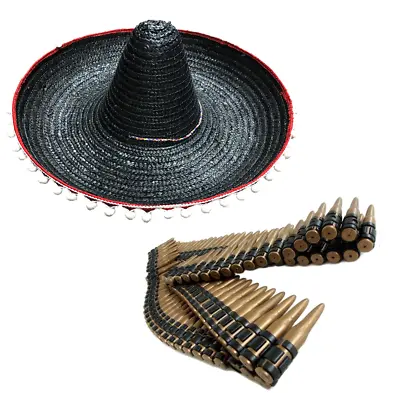 Black Mexican Hat Fancy Dress Costume Kit Bullet Belt Novelty Adults Men Ladies • £12.99