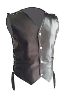 Mens Biker Style Vest Real Cow Leather Black Motorcycle Waistcoat • £64.99