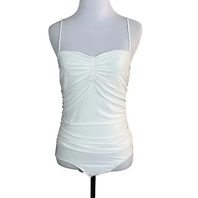21 Saints Bodysuit Womens Large Off White Ruched V-Neck Lightweight Sleeveless • $14.98