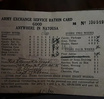 Vintage Army Exchange Service Ration Card Natousa WW2 • $70