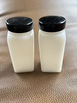 PAIR Vintage Milk Glass Spice Jar Black Lid / One Marked 2 And Other 3 • $9.99