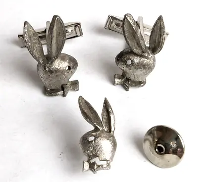 Vintage 1970's PLAYBOY BUNNY Cuff Links Cufflinks & Tie Pin 3 Pc Set Silver Tone • $34.95