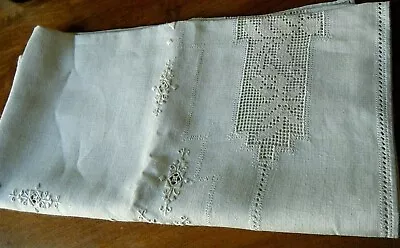 Victorian Linen Tablecloth  Drawn Lace Reticella Emb/ery Punto Toscano Italy  • $45.99