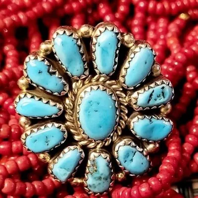 Zuni Petite Point Turquoise Sterling Silver Squash Blossom Size 8 Ring  • $259