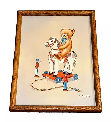 C. Carson Teddy Bear Toy Soldier Horse Oil Painting Framed Canvas 14x18 Nursery • $59.87