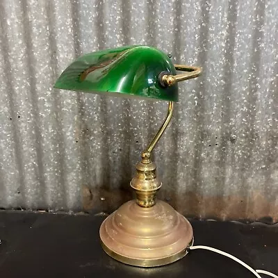 Vintage Brass Metal Banker's Light Table Desk Lamp With Green Glass Shade • $109.65