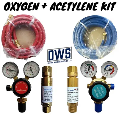 OXY ACETYLENE REGULATOR - FLASHBACK AND 20m HOSES KIT NEXT DAY DELIVERY** • £154.56