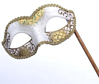£11.99 • Buy White & Gold Stunning Hand Held Venetian Masquerade Party Ball Mask On A Stick