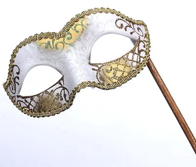 White & Gold Stunning Hand Held Venetian Masquerade Party Ball Mask On A Stick • £11.99