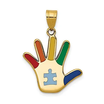 14k Yellow Gold Multi Color Autism Hand Print Charm Pendant With Puzzle Piece • £346.72