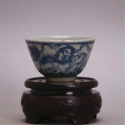 Chinese Ming Blue And White Porcelain Lion Dance Design Teacup Cup 3.15 Inch • $14.99