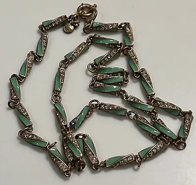 Vintage J. Crew Mint Green Enamel And Crystal Necklace 30” Signed Rare • $32