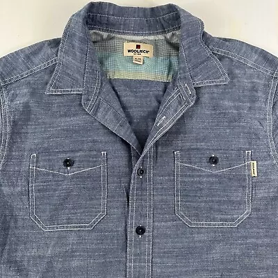 Woolrich Blue Chambray Work Shirt Men XL Short Sleeve Button Up Cotton • $12.95