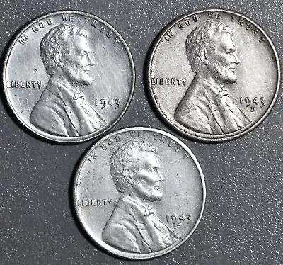 1943-PDS 1C LINCOLN STEEL WHEAT CENT Lot Of 3 KM# 132 Grade: AU+ & Better A1329 • $4.25