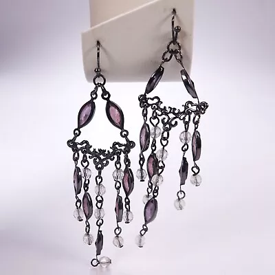 Long Purple/Gunmetal Dangle Earrings Bezel Set Chandelier Gothic Beaded Fringe • £7.99