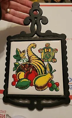 Vintage Mcm Cornucopia Cuckoo Clock Fruit Tile Cast Iron Trivet Japan • $27.35