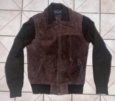 Vintage 70s LEATHER COWHIDE Knit Zip Sweater Jacket Medium 1970s Suede • $35