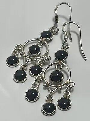 Vintage Sterling Silver '925' Black Onyx Stone Chandelier Drop Dangly Earrings • £12.99