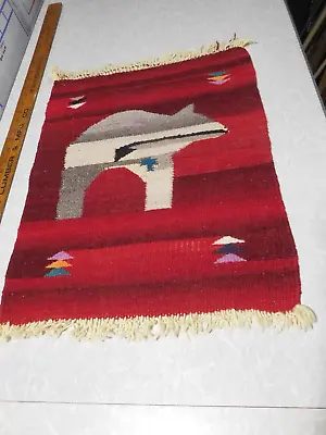$249 • Buy Vintage Medium Hand-Made Rug, Blanket Zapotec ~ BEAR ~ Red, Grey & White