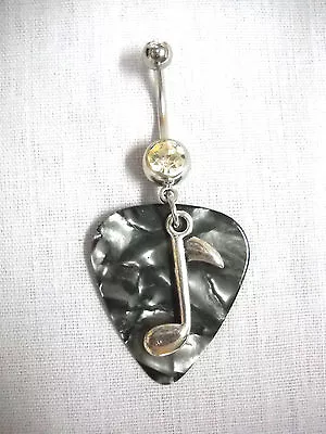 NEW BLACK GRAY GUITAR PICK With SINGLE MUSIC NOTE CHARM CLEAR CZ BELLY RING BAR • $5.99