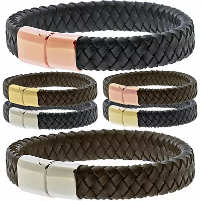 Mens Genuine Flat Leather Braided Wrap Bracelet Stainless Steel Clasp UK Seller • £9.50