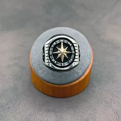 925 Sterling Silver Solid Sailor Compass Mens Ring. 14k Gold Plated. Marine Ring • $35