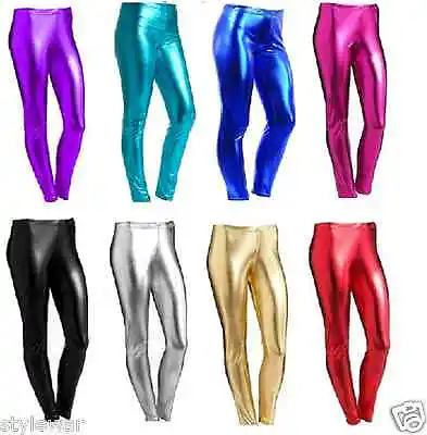 Ladies Disco Legging Stretch Shiny Metallic Wet Look Fancy Hen Dance Leggings • £9.39