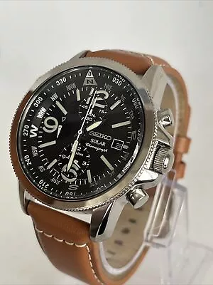 Seiko SSC081 Solar Chrono Compass Black Dial Watch 42mm Date Alarm V172 • £339.99