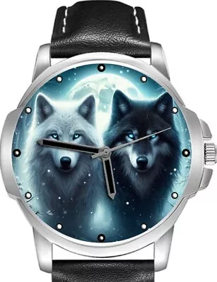 FULL MOON BLACK & BLUE WOLF Staring Unique Art Unisex Beautiful Wrist Watch • $98.64