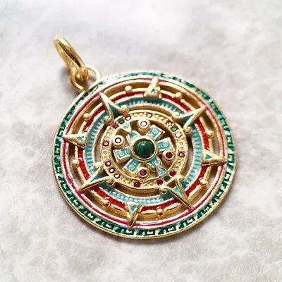 $37.43 • Buy Gold Aztec Amulet Pendant 925 Sterling Silver Mythical Emerald Centerpiece