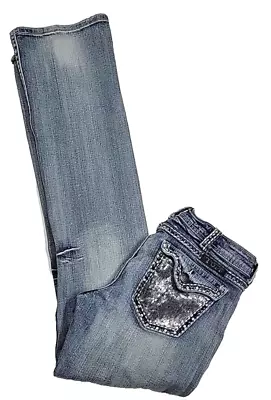 Cowgirl Tuff Dazzy 2 Women's 27x35 Blue Denim Whiskered Flap Pocket Sequin Jeans • $25.58