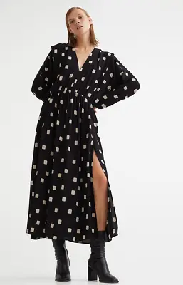 H&m Trend Black White Patterned Oversized Pleat Shoulder Midi Dress S M + Cos • £22