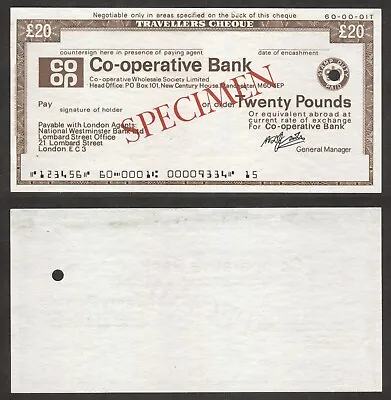 UK - Co-operative Bank - 20 Pounds - Travellers Cheque - SPECIMEN • $8.99