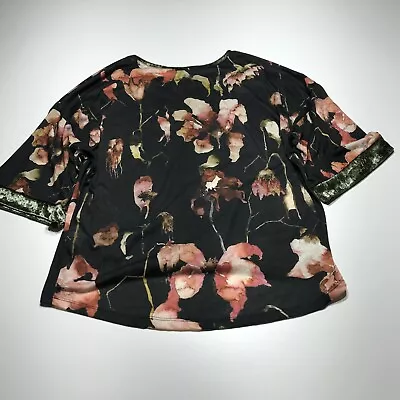 Zara Blouse Womens Size M Floral 3/4 Sleeve Green Velvet-Like Trimmed Cuffs • $11.99