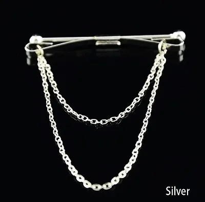 Stylish Men Silver Gold Shirt Collar Clip Bar Pin Clip Chain Tie Brooch Neckties • £3.65