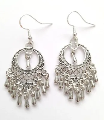 £4.50 • Buy Boho Tibetan Silver Dangle Earrings With 925 Sterling Silver Hooks