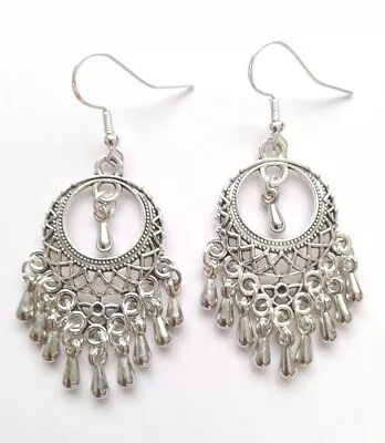 £4.50 • Buy Boho Tibetan Silver Dangle Earrings With 925 Sterling Silver Hooks